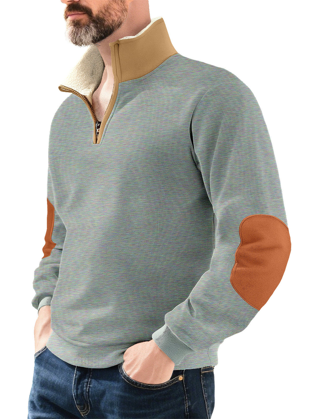 Herren Mikrofleece-Pullover mit Stehkragen und kontrastierenden Ellbogen-Patches Echoarchiv