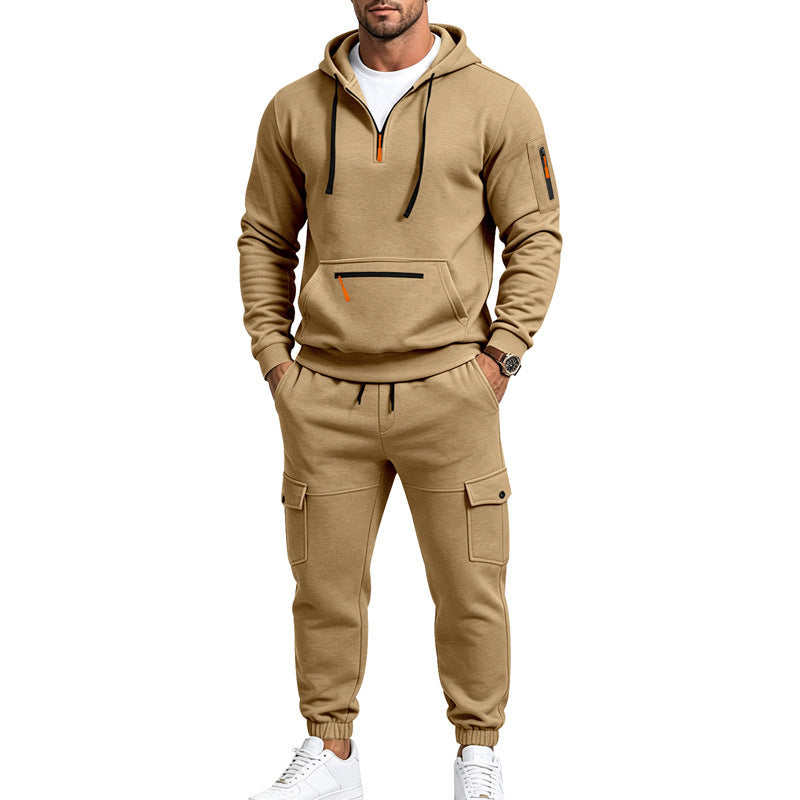 Herren Zweiteiliges Fleece-Loungewear-Set mit Halbzip-Kapuze und Cargo-Jogger – Cavarno