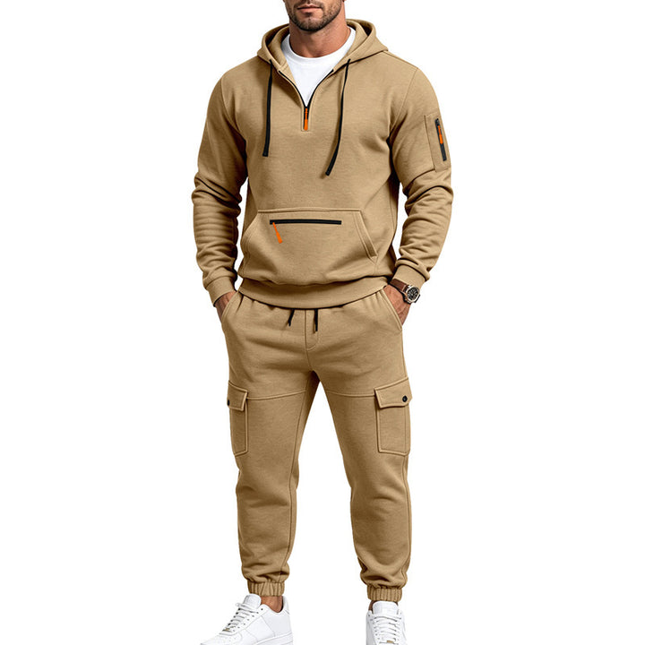 Herren Zweiteiliges Fleece-Loungewear-Set mit Halbzip-Kapuze und Cargo-Jogger – Cavarno