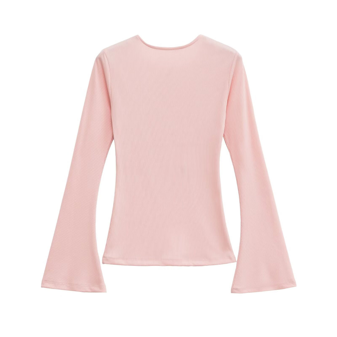 Damen Figurbetontes Rippshirt mit Carmenausschnitt und ausgestellten Schlagärmeln Echoarchiv