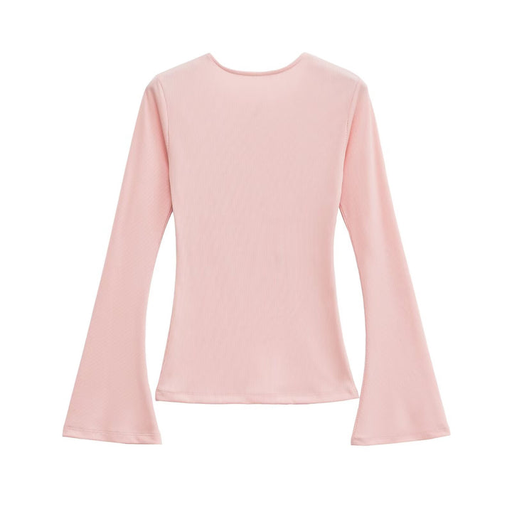 Damen Figurbetontes Rippshirt mit Carmenausschnitt und ausgestellten Schlagärmeln Echoarchiv