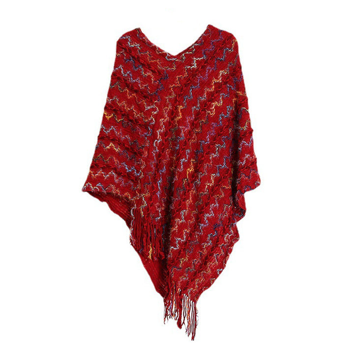 Damen Gestrickter V-Ausschnitt-Poncho mit Fransen und Strukturjacquard Echo Archiv