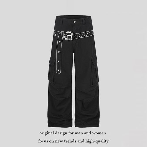 Damen Cargo-Palazzo-Hose aus Baumwollmix mit weitem Bein, aufgesetzten Klappentaschen und Gürtelprint Echoarchiv