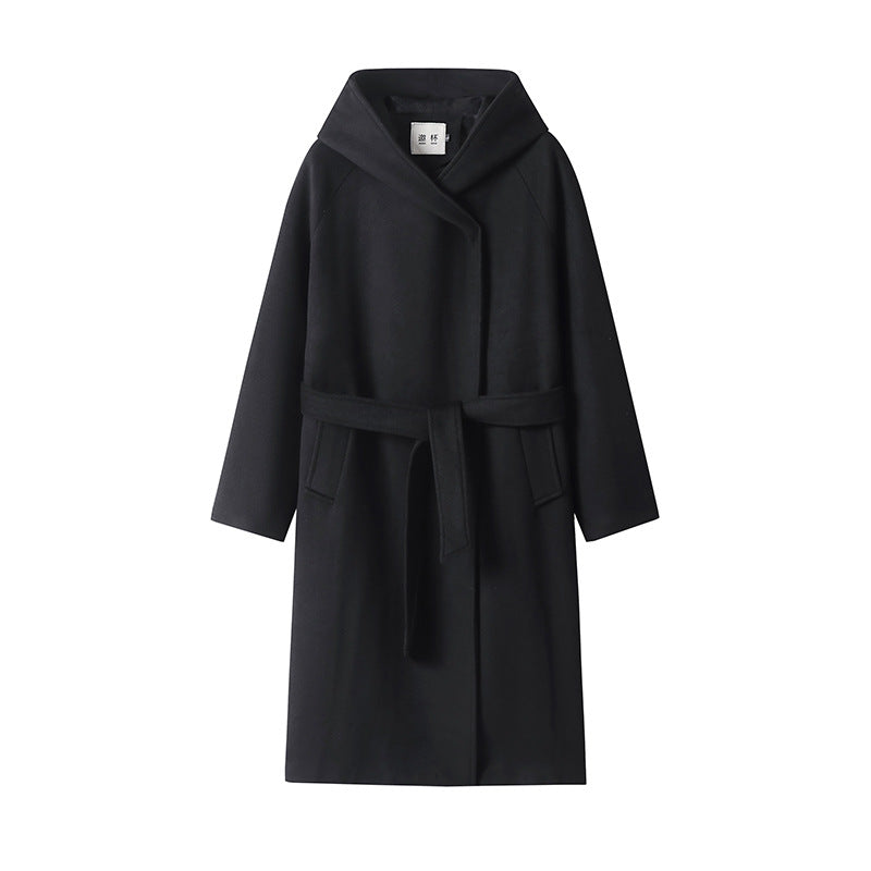 Damen Maxi-Mantel mit überzogener Kapuze, Bindegürtel und minimalistischer Wollmix‑Silhouette Echoarchiv