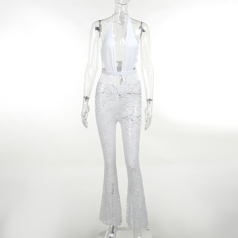 Damen eleganter Spitzen-Jumpsuit mit tiefem V-Ausschnitt und Glockenhosen Echo Archiv