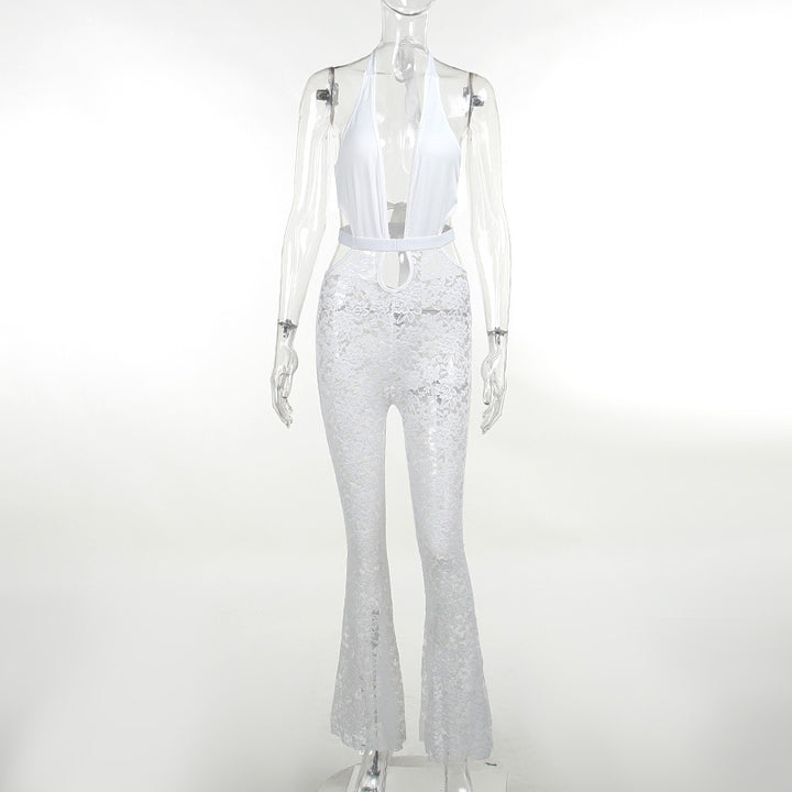 Damen eleganter Spitzen-Jumpsuit mit tiefem V-Ausschnitt und Glockenhosen Echo Archiv
