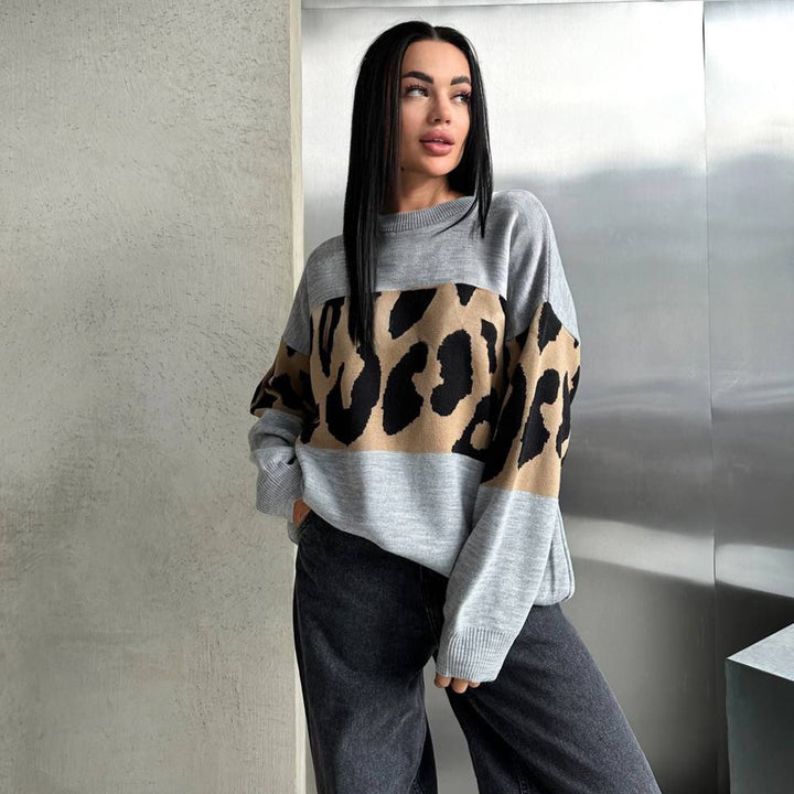 Damen Oversized Strickpullover mit Leoparden-Bahnen, überschnittener Schulter und geripptem Saum – Mavelle
