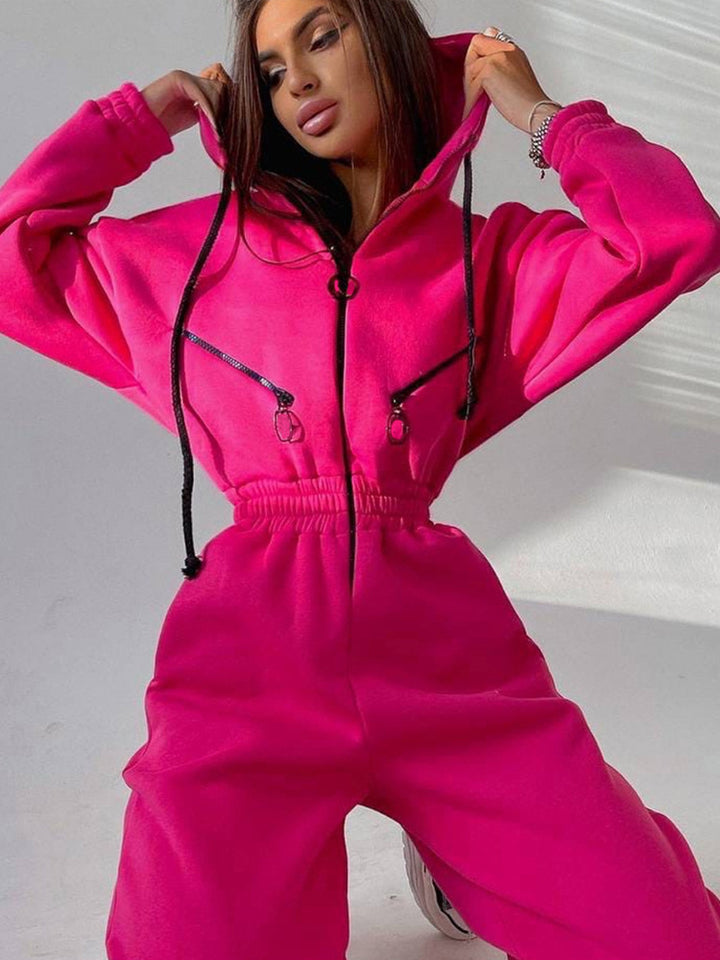 Damen Taillierter Kapuzen-Sweat-Jumpsuit mit Reißverschluss und elastischem Taillenbund – Solévia
