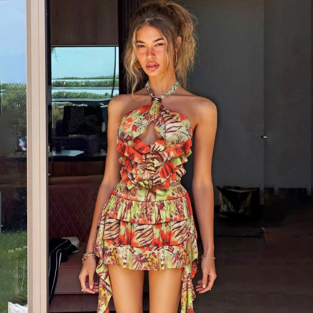 Damen Rüschenkleid mit floralen Motiven und verstellbarem Träger Echo Archiv