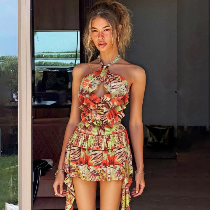 Damen Rüschenkleid mit floralen Motiven und verstellbarem Träger Echo Archiv