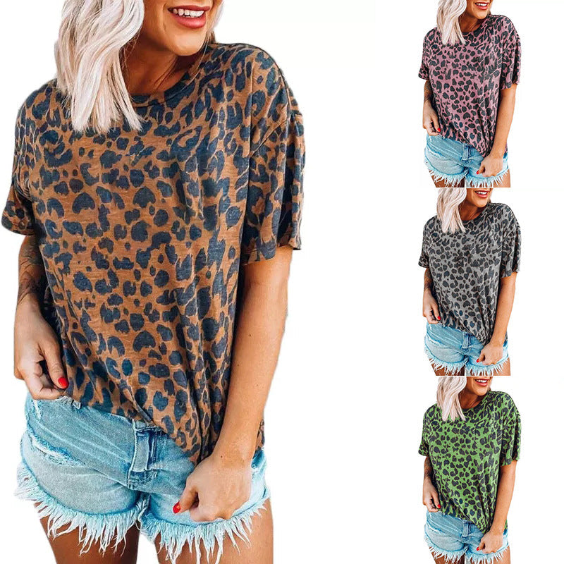 Damen lässiges Leoprint T-Shirt mit weichem Stoff und lockerer Passform Echoarchiv