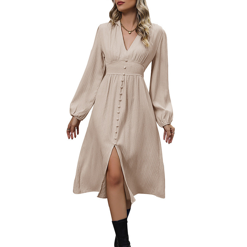Damen Midikleid mit V-Ausschnitt, plissierter Crinkle-Optik, taillierter Passe & mittiger Knopfleiste Echoarchiv