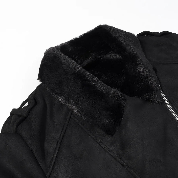 Damen kurze Bikerjacke aus Veloursimitat mit Teddyfutter und asymmetrischer Metall-Reißverschluss – Célinea