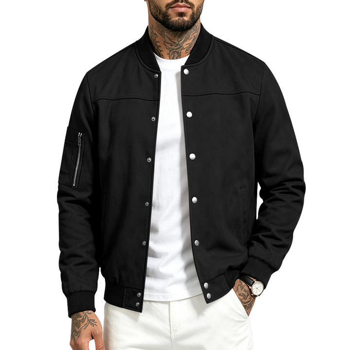 Herren Veloursleder‑Optik Bomberjacke mit Druckknopfleiste, Ärmeltasche und Rippbündchen – Brevano