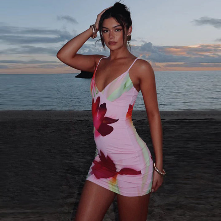 Damen Figurbetontes Minikleid mit Blumenprint und tiefem V-Ausschnitt Echo Archiv