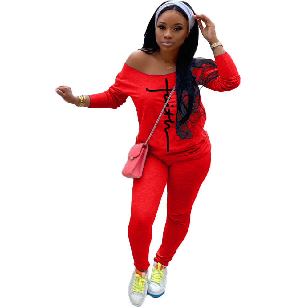 Damen Lässiges Off-Shoulder Zweiteiler-Set mit Figurbetonter Leggings und Oversize-Shirt – Élanora