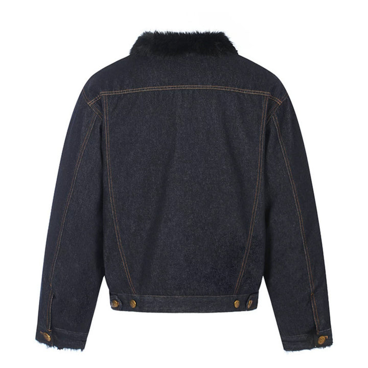 Damen gefütterte Jeansjacke mit Kunstfellkragen, Teddy‑Innenfutter und Goldknopf-Details Echoarchiv