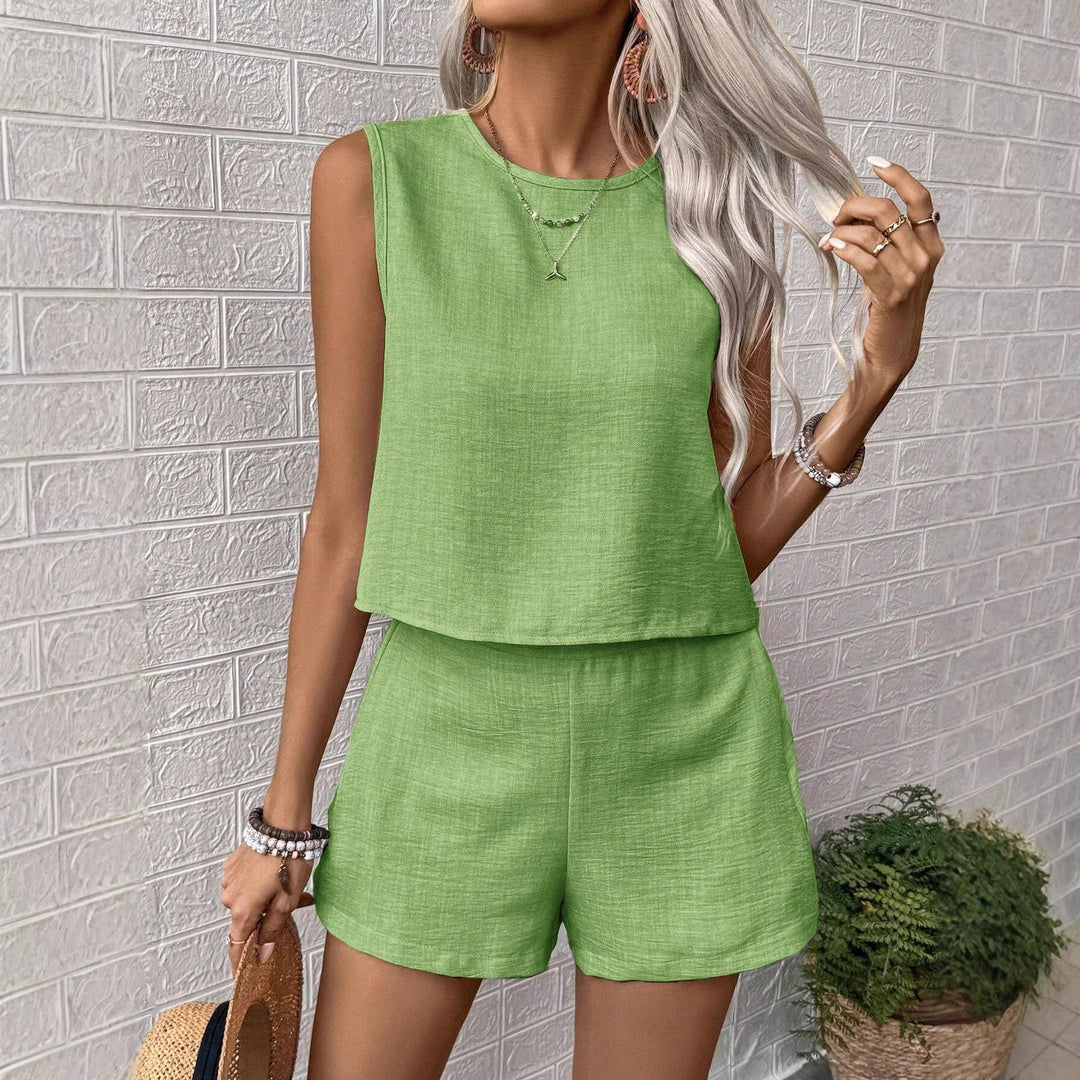 Damen Zweiteiliges Leichtes Leinen-Set mit Ärmellosem Crop-Top und taillenhohen Shorts Echo Archiv