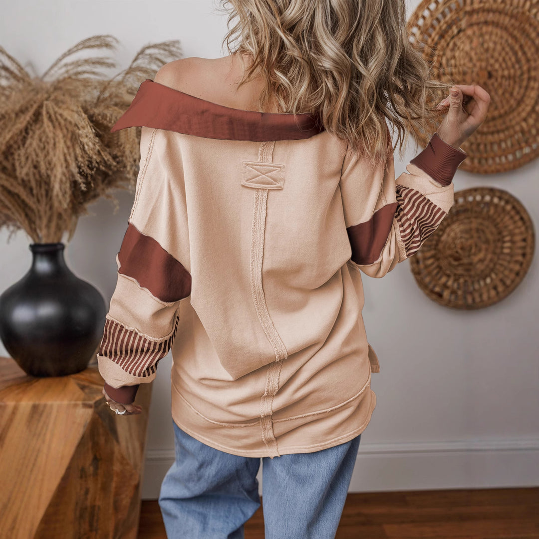 Damen Oversize Sweatshirt mit V-Ausschnitt, gestreiften Ärmelaufsätzen und Kontrastdetails – Mavelle