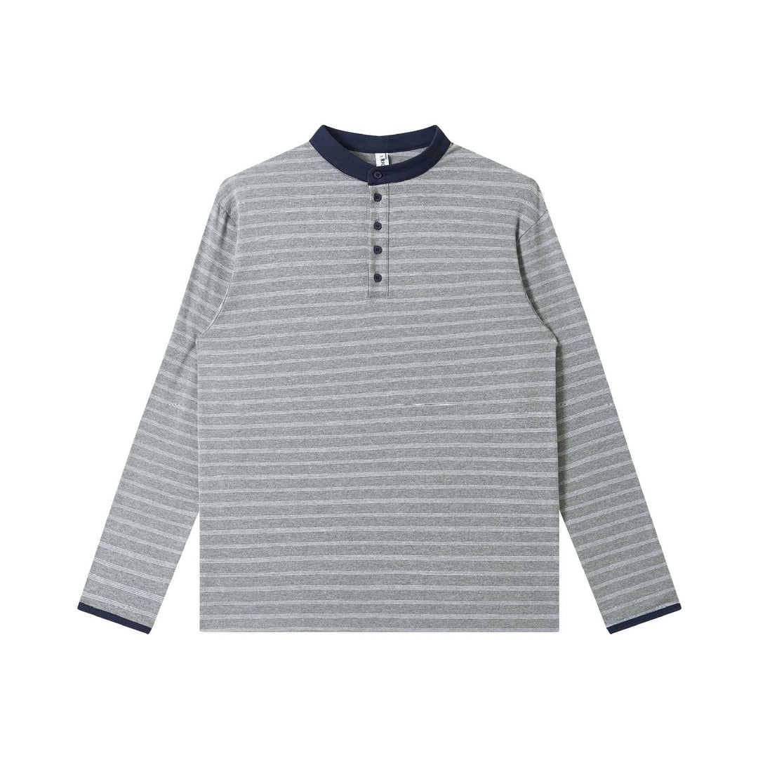 Herren Gestreiftes Langarm-Henleyshirt mit Stehkragen und feiner Ringelstruktur Echoarchiv
