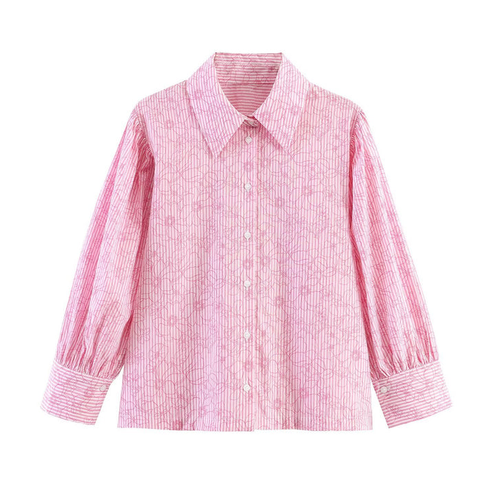 Damen Gestreifte Baumwollbluse mit Puffärmeln und Tonaler Stickerei Echo Archiv