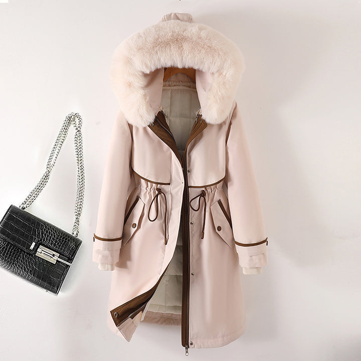 Damen nan langer Parka mit Kunstfellkapuze Taillenzug und kontrastierten Paspeln Echo Archiv