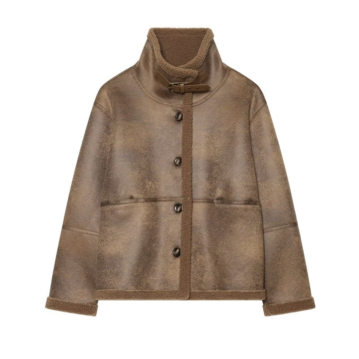 Damen Kurzjacke in Lammfelloptik mit Stehkragen, Knopf- und Schnallenverschluss Echo Archiv