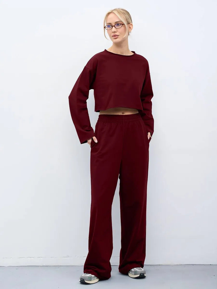 Damen Kurzgeschnittenes Sweatshirt und High-Waist Relax-Jogginghose Set – Avérine