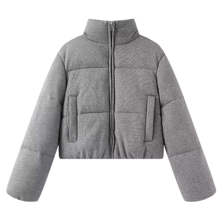 Damen cropped Teddy-Steppblouson mit hohem Kragen und verdecktem Reißverschluss – Célinea
