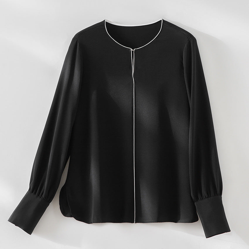 Damen Elegante seidenähnliche Bluse mit Kontrastpaspel und verlängerten Manschetten Echoarchiv