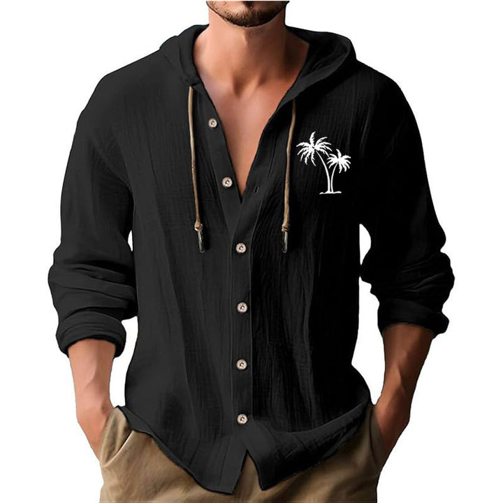 Herren lässiges Kapuzenshirt mit dekorativem Palmendruck und Knopfleiste Echoarchiv