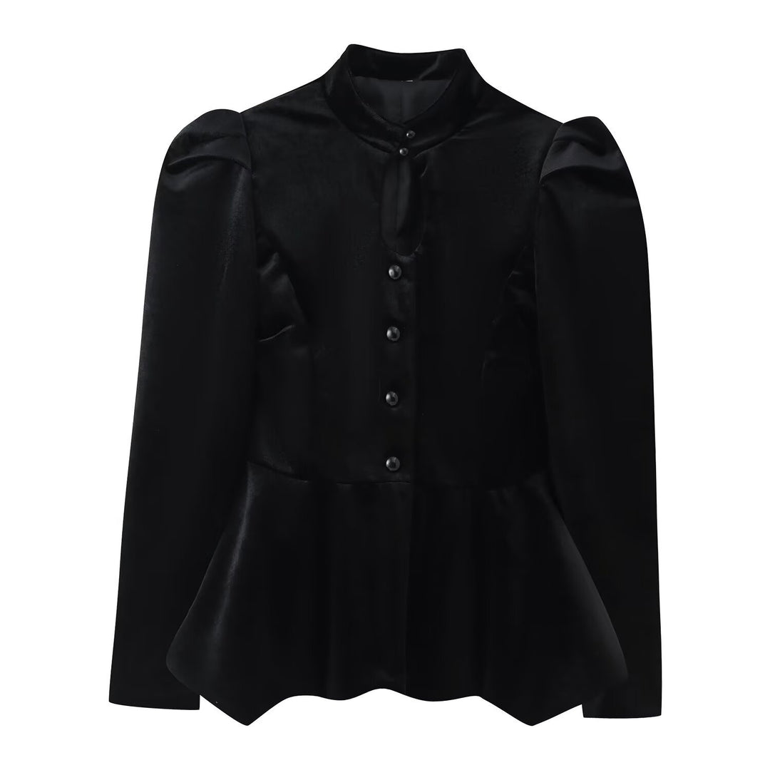 Damen Satinbluse mit Stehkragen, Puffärmeln und Peplum-Details Echo Archiv