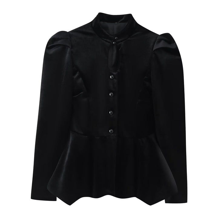 Damen Satinbluse mit Stehkragen, Puffärmeln und Peplum-Details Echo Archiv