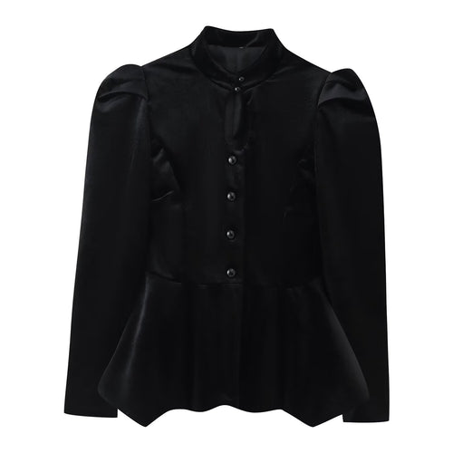 Damen Satinbluse mit Stehkragen, Puffärmeln und Peplum-Details Echo Archiv