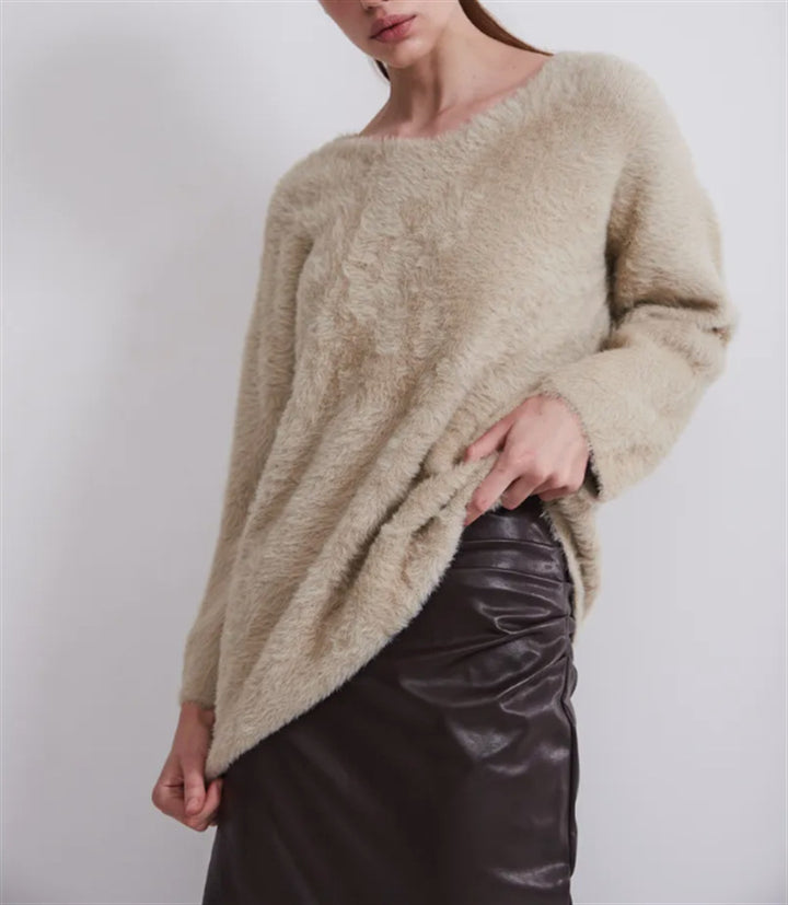 Damen Oversize-Flauschpullover mit V-Ausschnitt und Teddy-Optik – Mavelle