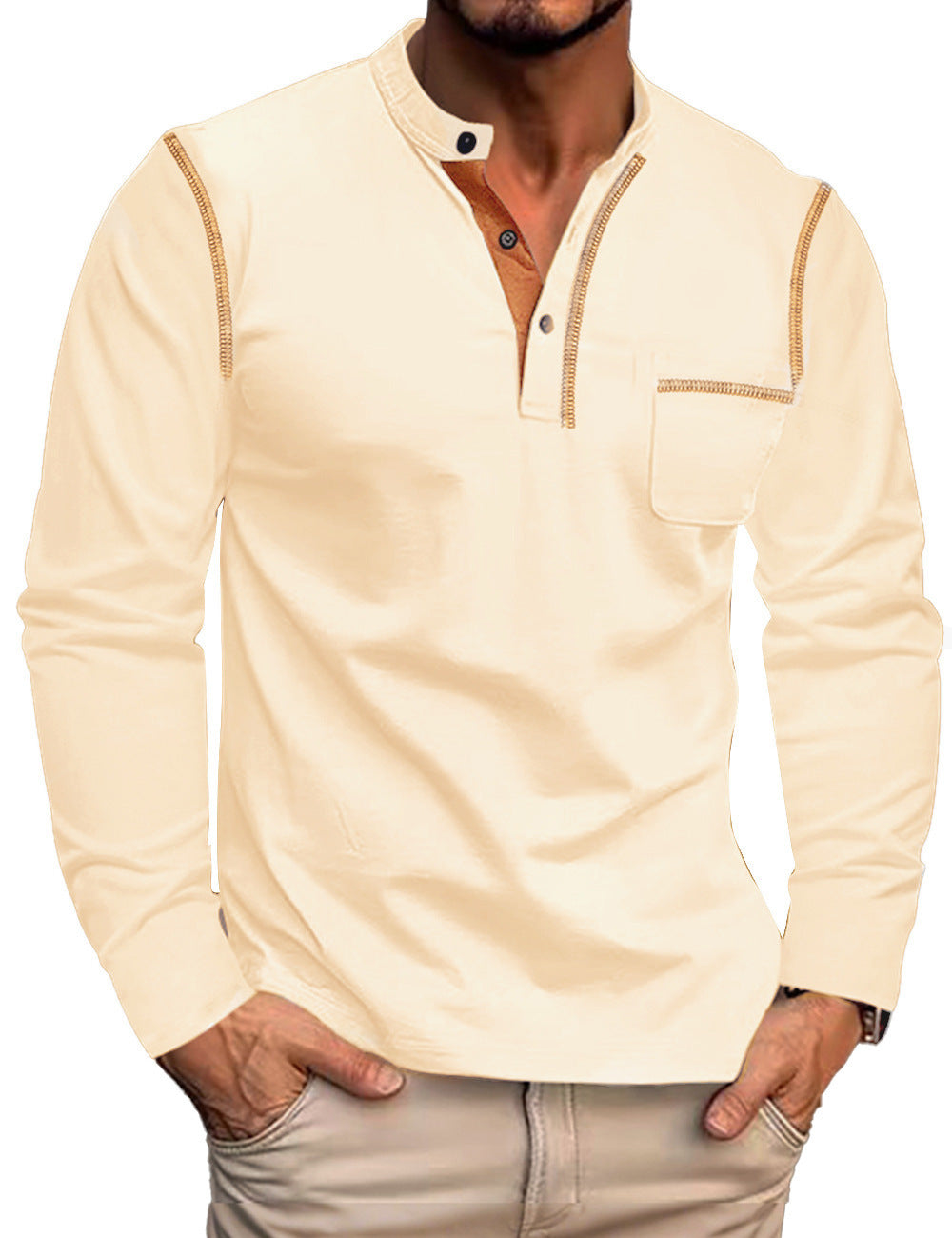 Herren nan langärmliges Jerseyshirt mit Mandarinkragen, kurzer Knopfleiste, Brusttasche und kontrastierender Ziernaht Echo Archiv