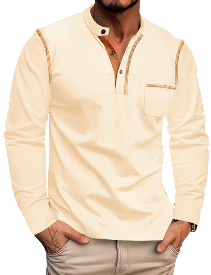 Herren nan legeres Langarm-Henleyshirt mit Stehkragen Knopfleiste und Brusttasche Echo Archiv