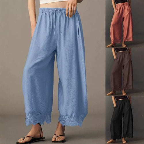 Damen Weite Palazzo-Hose mit elastischem Tunnelzugbund und Spitzenbesatz Echo Archiv
