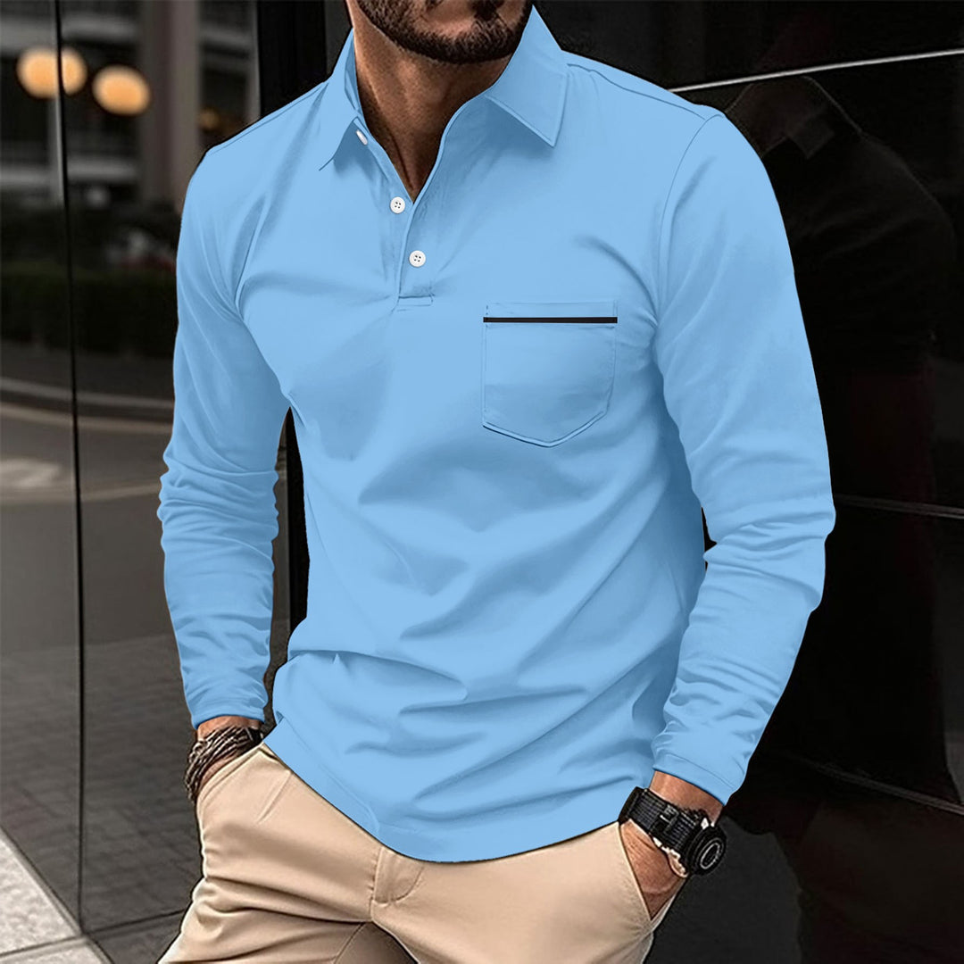 Herren Langarm Poloshirt mit modischem Stehkragen und praktischer Brusttasche Echoarchiv