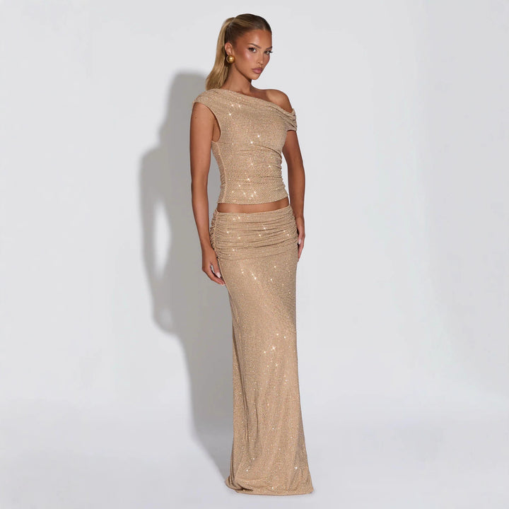 Damen Glänzendes Oberteil mit asymmetrischem Schnitt und glamourösen Strassdetails Echo Archiv
