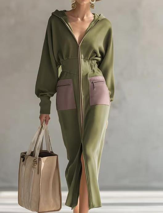 Damen Kapuzen-Midikleid im Sport-Chic mit Taillen‑Corsage und Fronttaschen – Élara