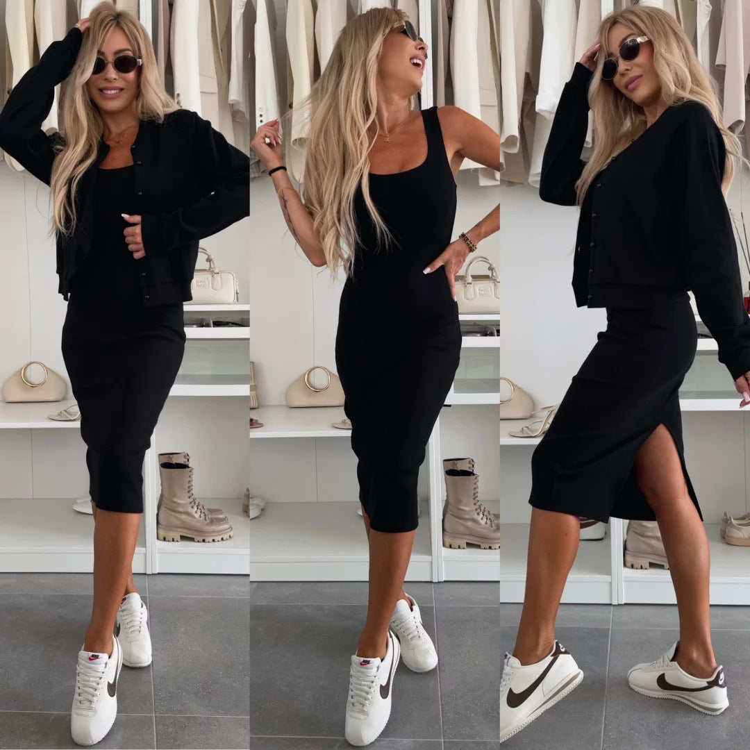Damen tailliertes Strick-Midikleid mit feiner Rippstruktur und kurzer Button-Jacke – Élanora