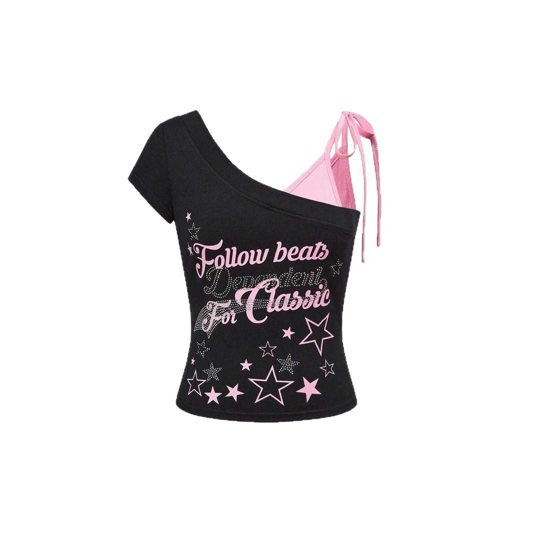Damen Trendiges Off-Shoulder Top mit beeindruckendem Grafikdesign Echo Archiv