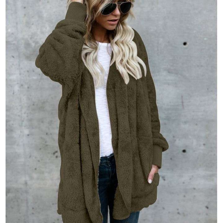 Damen Oversize Teddy‑Fleece‑Mantel mit offener Front, Eingrifftaschen und Rippbündchen – Montévia