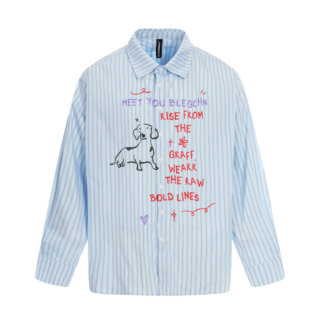 Damen Oversize-Hemdbluse mit Streifenstruktur und handgezeichnetem Grafikprint Echoarchiv