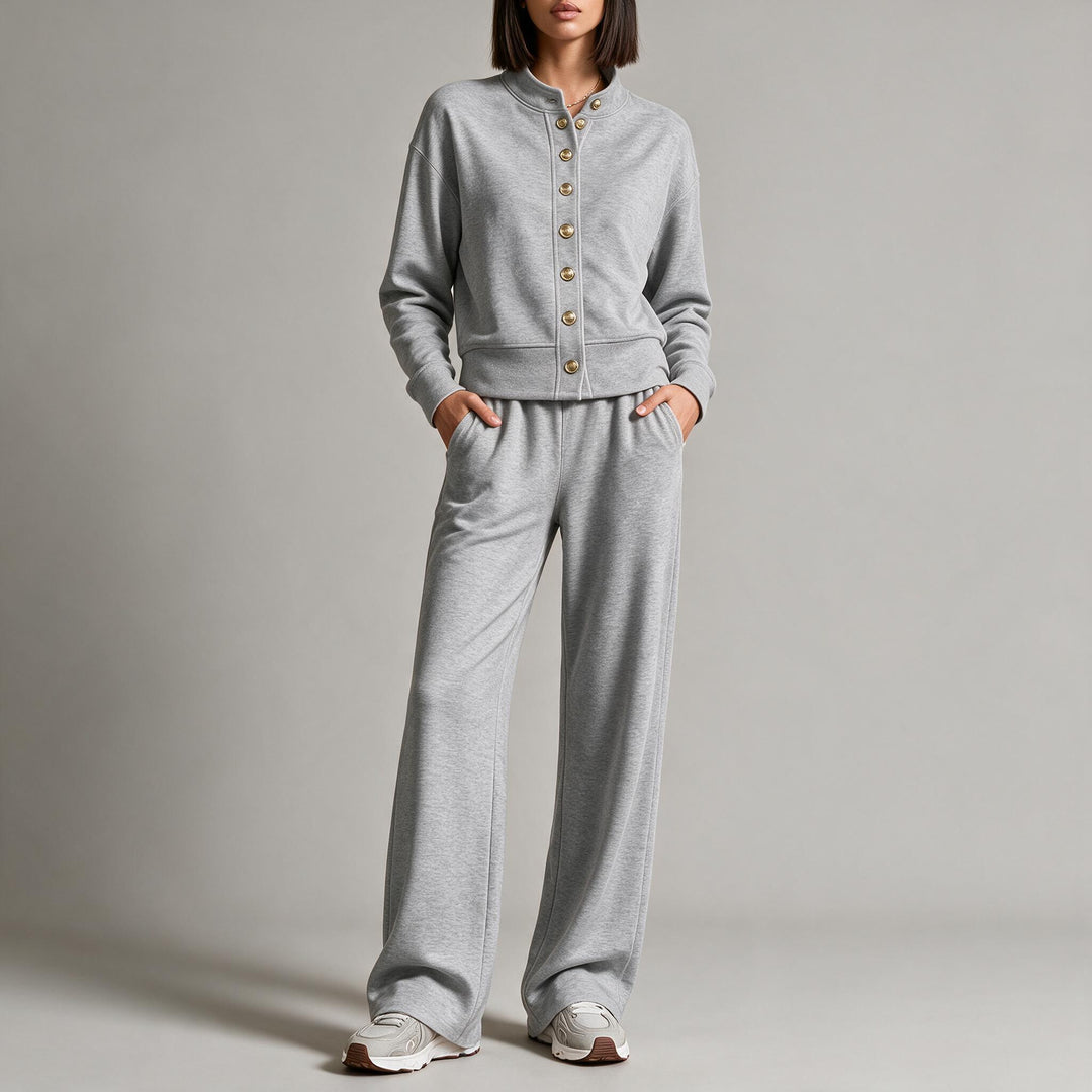 Damen Sweatjacke mit Druckknopfleiste, Stehkragen und weichem Lounge-Schnitt Echoarchiv