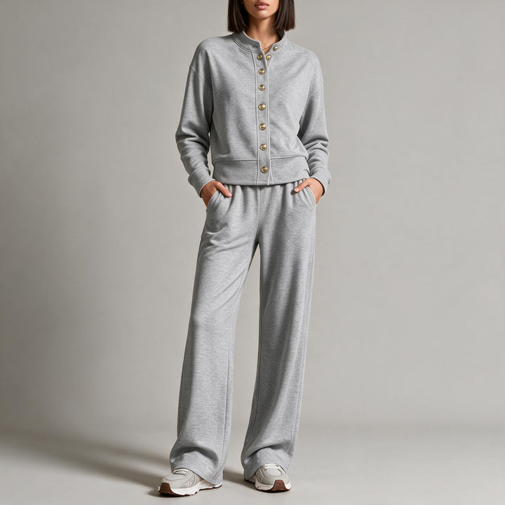 Damen Sweatjacke mit Druckknopfleiste, Stehkragen und weichem Lounge-Schnitt Echoarchiv
