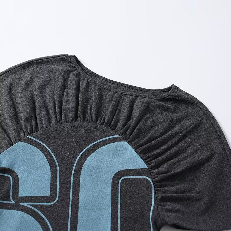 Damen lässiges Kurzarm-T-Shirt mit Raffung und grafischem Druck Echo Archiv