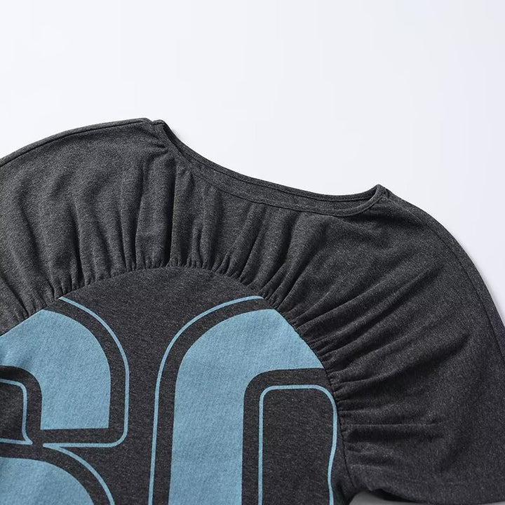 Damen lässiges Kurzarm-T-Shirt mit Raffung und grafischem Druck Echo Archiv