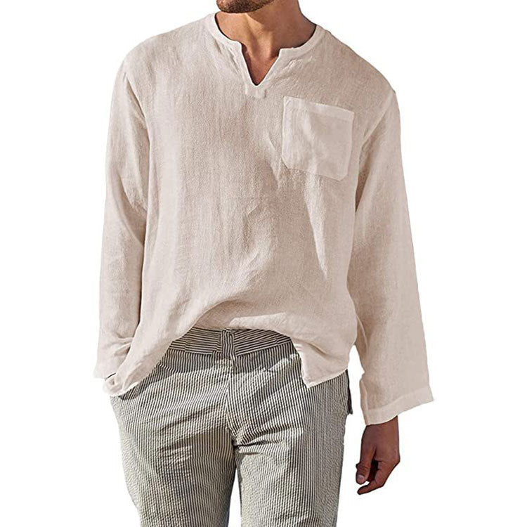 Herren Leinen Langarmshirt mit Henley-Ausschnitt und Brusttasche Echoarchiv